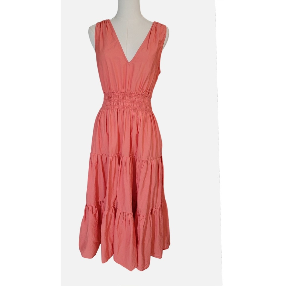 Maeve Coral Pink Tiered Midi Dress